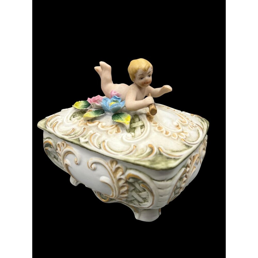 Vtg Bisque Porcelain Trinket Box with Baby Cherub & Floral Design 6" Bath Salts